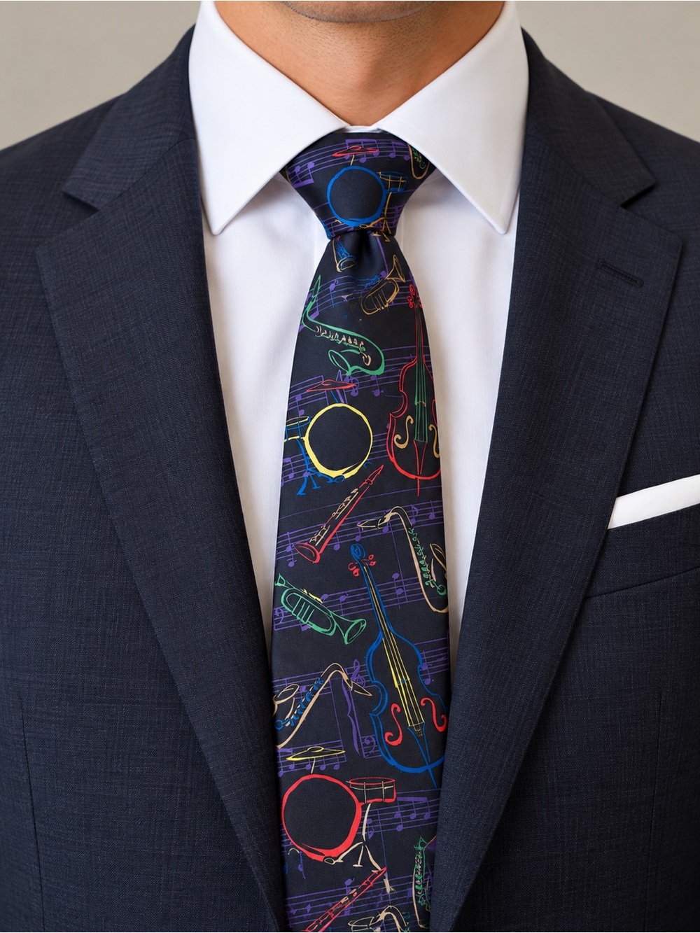 Ralph Marlin Navy Tie with Multicolor Musical Instruments